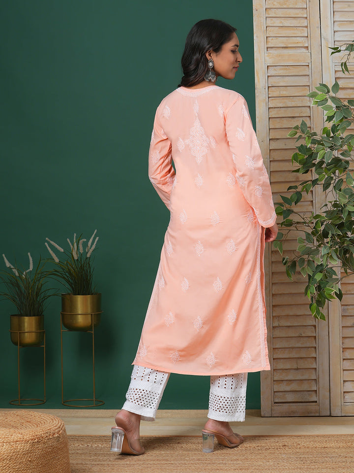 Peach-Cotton-Embroidered-Chikankari-Kurta