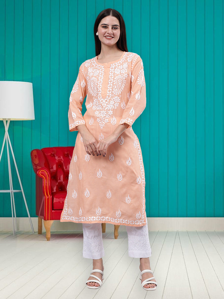 Peach-Cotton-Embroidered-Chikankari-Kurti