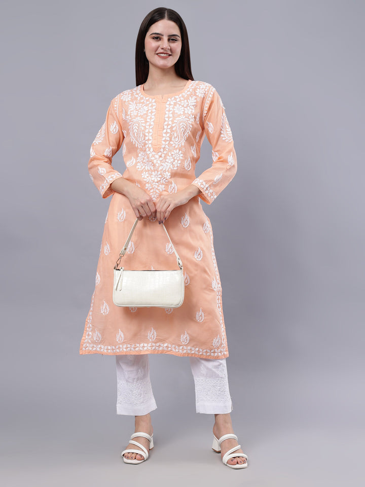 Peach-Cotton-Embroidered-Chikankari-Kurti