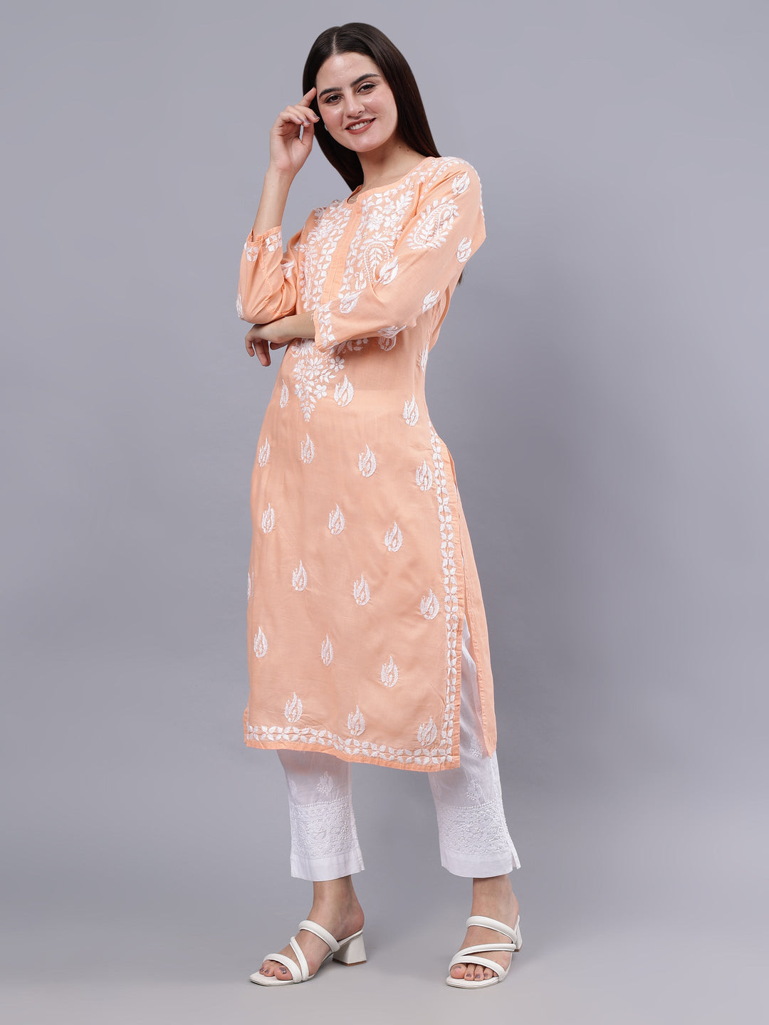 Peach-Cotton-Embroidered-Chikankari-Kurti