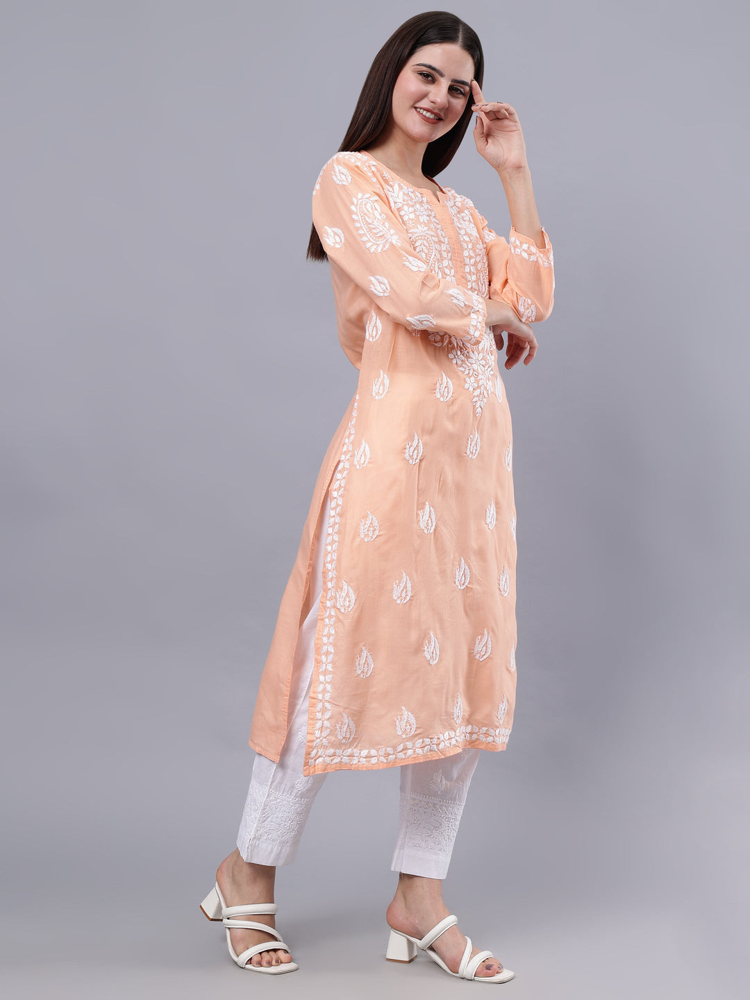 Peach-Cotton-Embroidered-Chikankari-Kurti