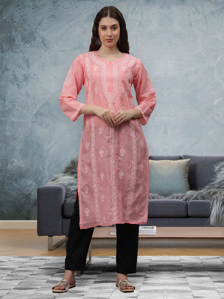 Peach-Cotton-Embroidered-Chikankari-Straight-Kurti