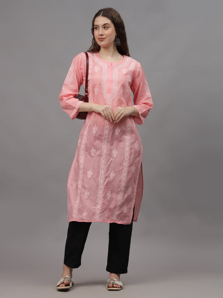 Peach-Cotton-Embroidered-Chikankari-Straight-Kurti