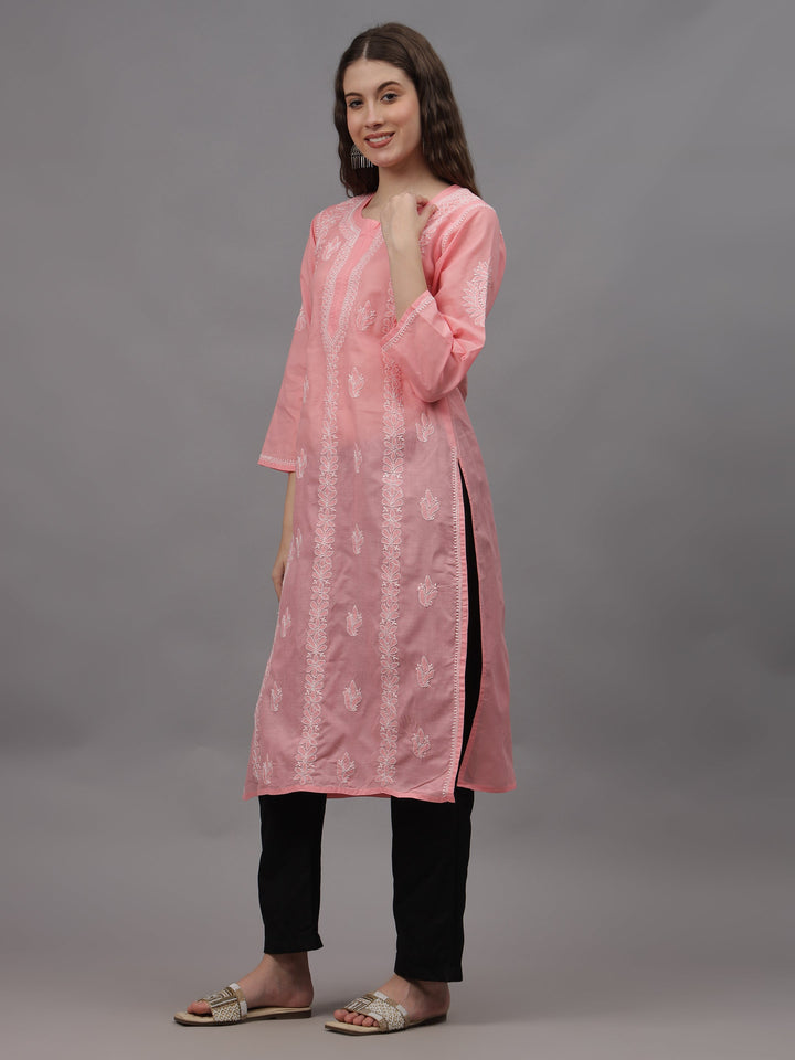 Peach-Cotton-Embroidered-Chikankari-Straight-Kurti