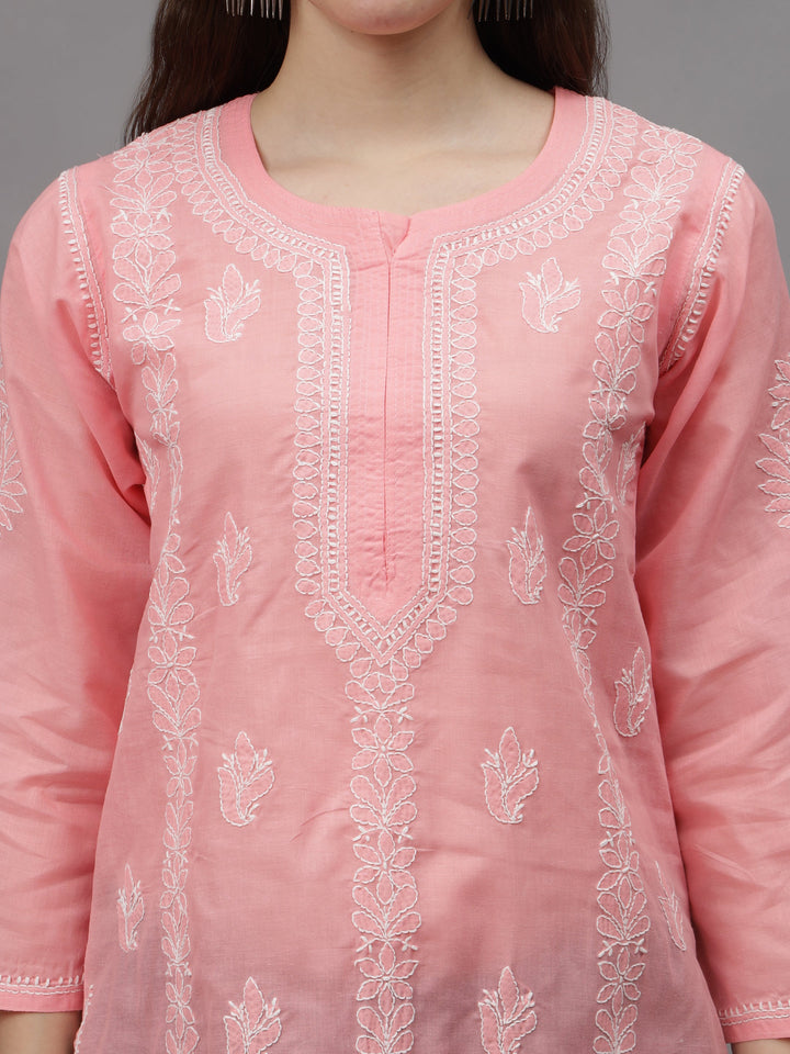 Peach-Cotton-Embroidered-Chikankari-Straight-Kurti