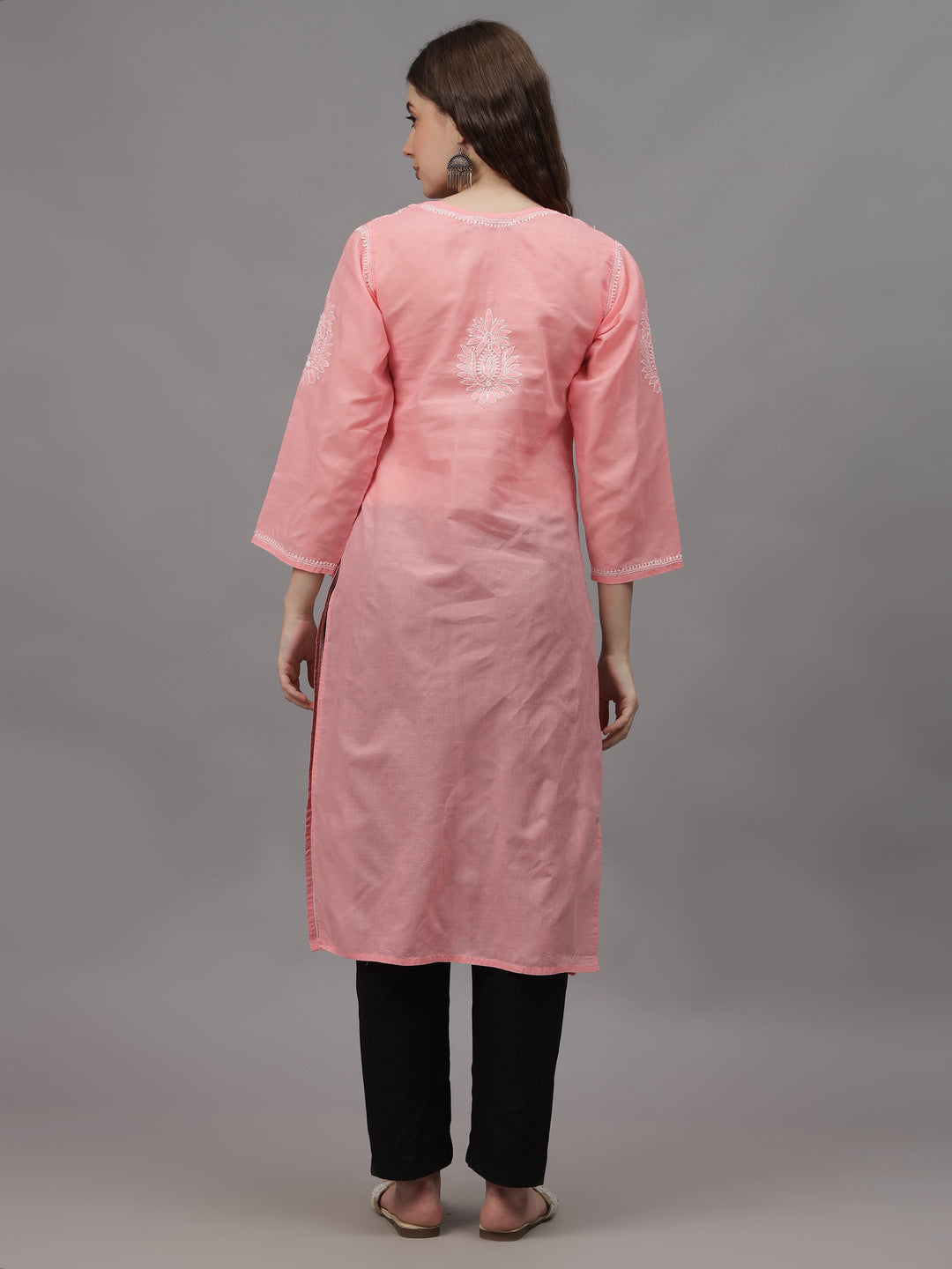 Peach-Cotton-Embroidered-Chikankari-Straight-Kurti