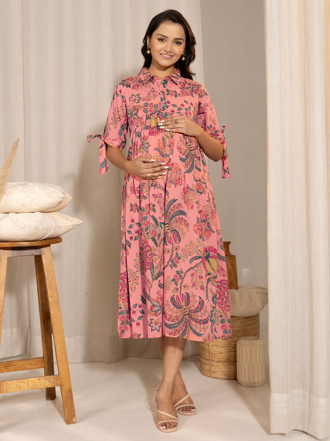 ZERESOUQ-Peach-Cotton-Floral-Printed-Gathered-Dress