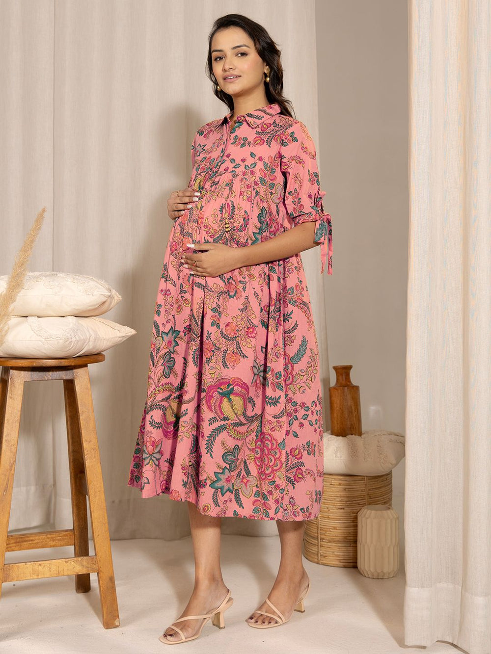 ZERESOUQ-Peach-Cotton-Floral-Printed-Gathered-Dress