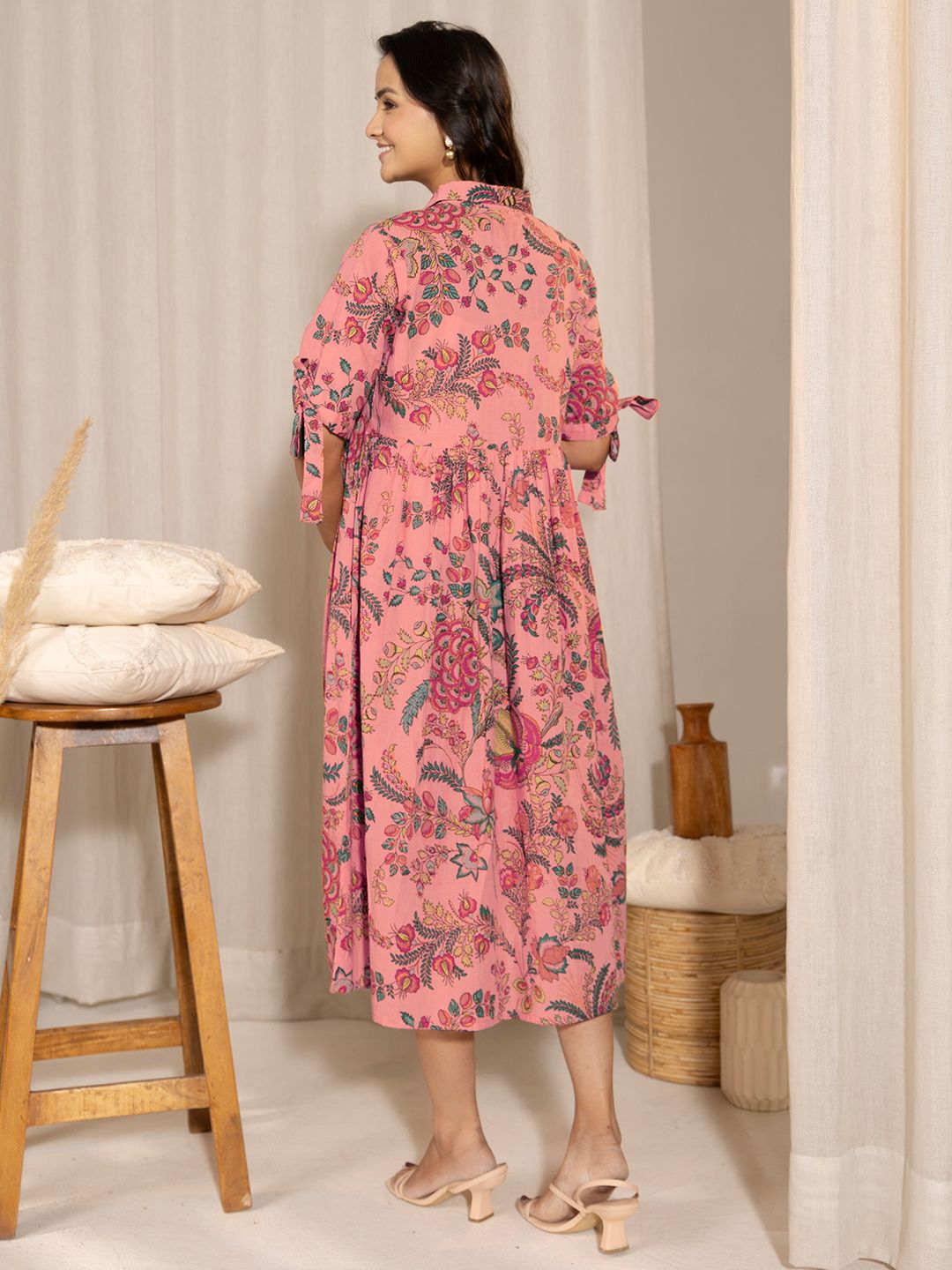 Peach-Cotton-Floral-Printed-Gathered-Dress