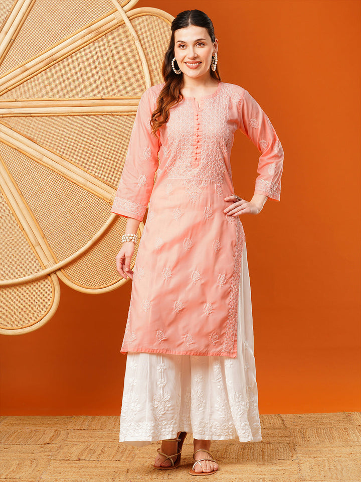 Peach-Cotton-Hand-Embroidered-Chikankari-Kurta