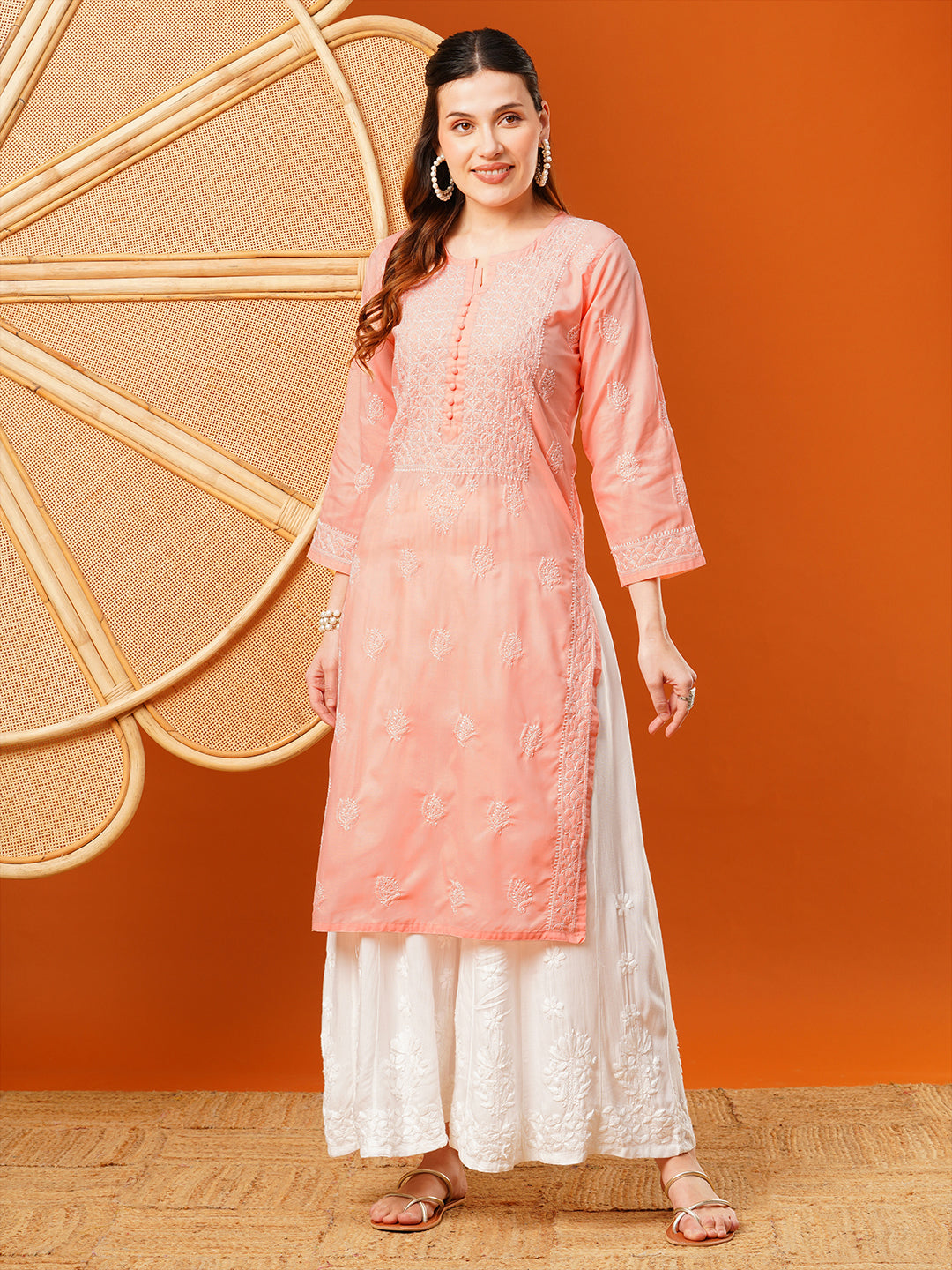 Peach-Cotton-Hand-Embroidered-Chikankari-Kurta