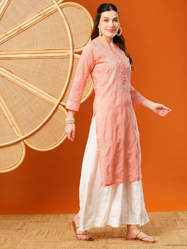 Peach-Cotton-Hand-Embroidered-Chikankari-Kurta