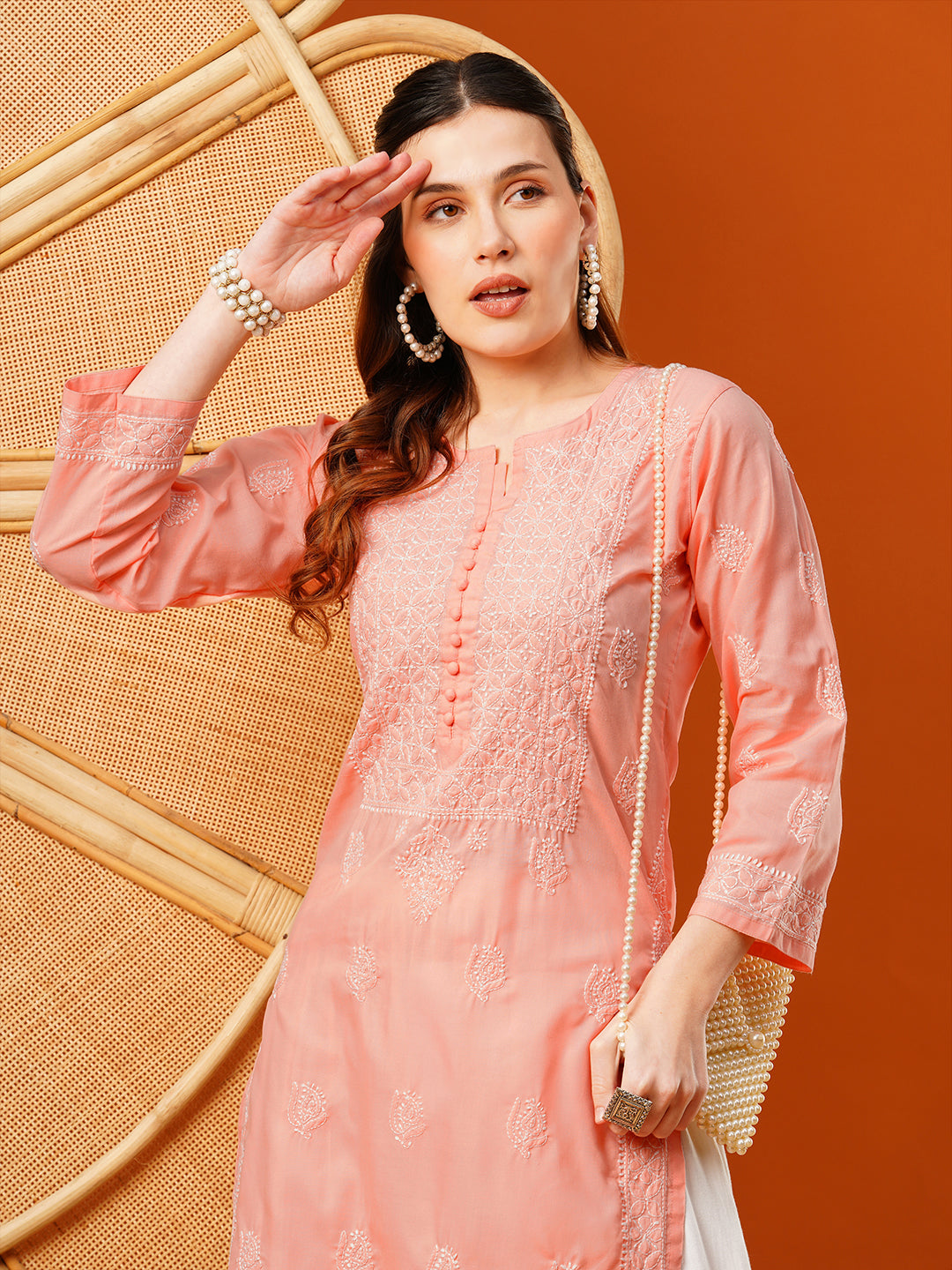 Peach-Cotton-Hand-Embroidered-Chikankari-Kurta