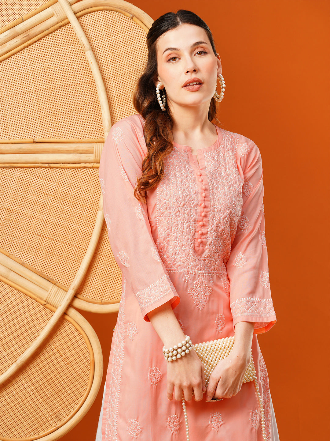 Peach-Cotton-Hand-Embroidered-Chikankari-Kurta