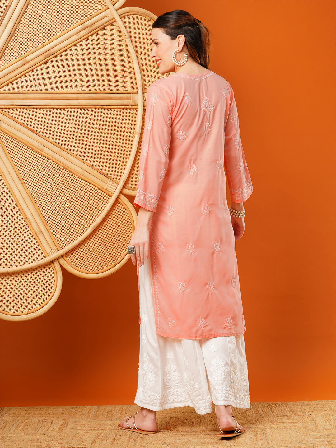 Peach-Cotton-Hand-Embroidered-Chikankari-Kurta