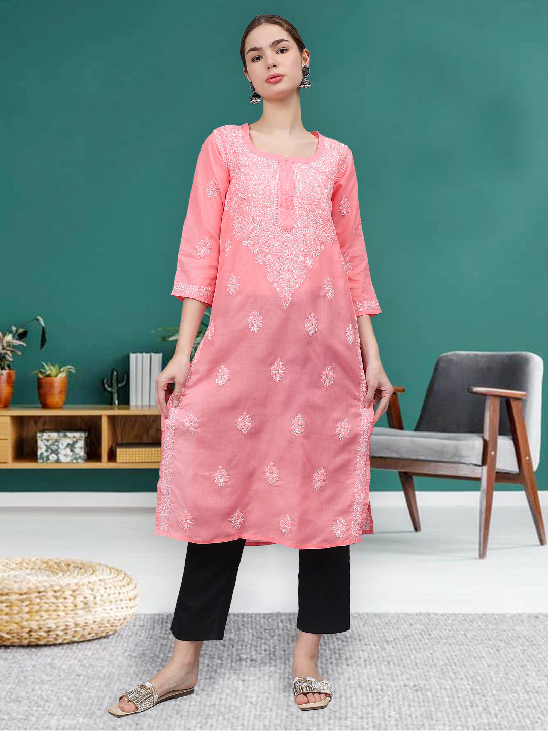 Peach-Cotton-Hand-Embroidered-Chikankari-Kurti