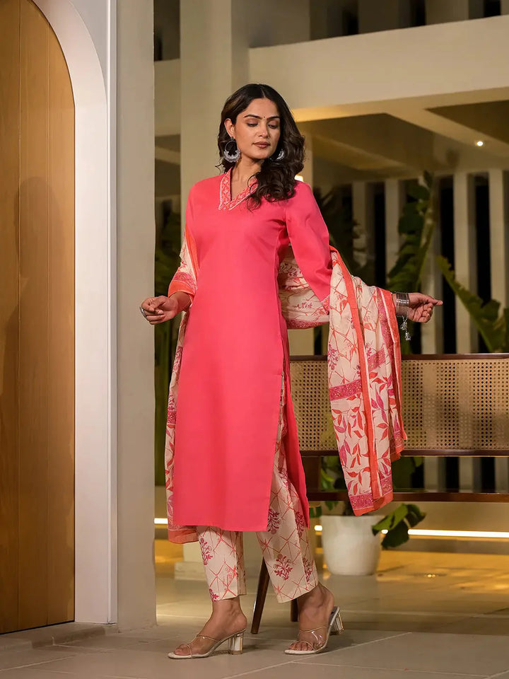 Peach-Cotton-Straight-Embroidered-On-Yoke-3-Piece-Kurta-Set