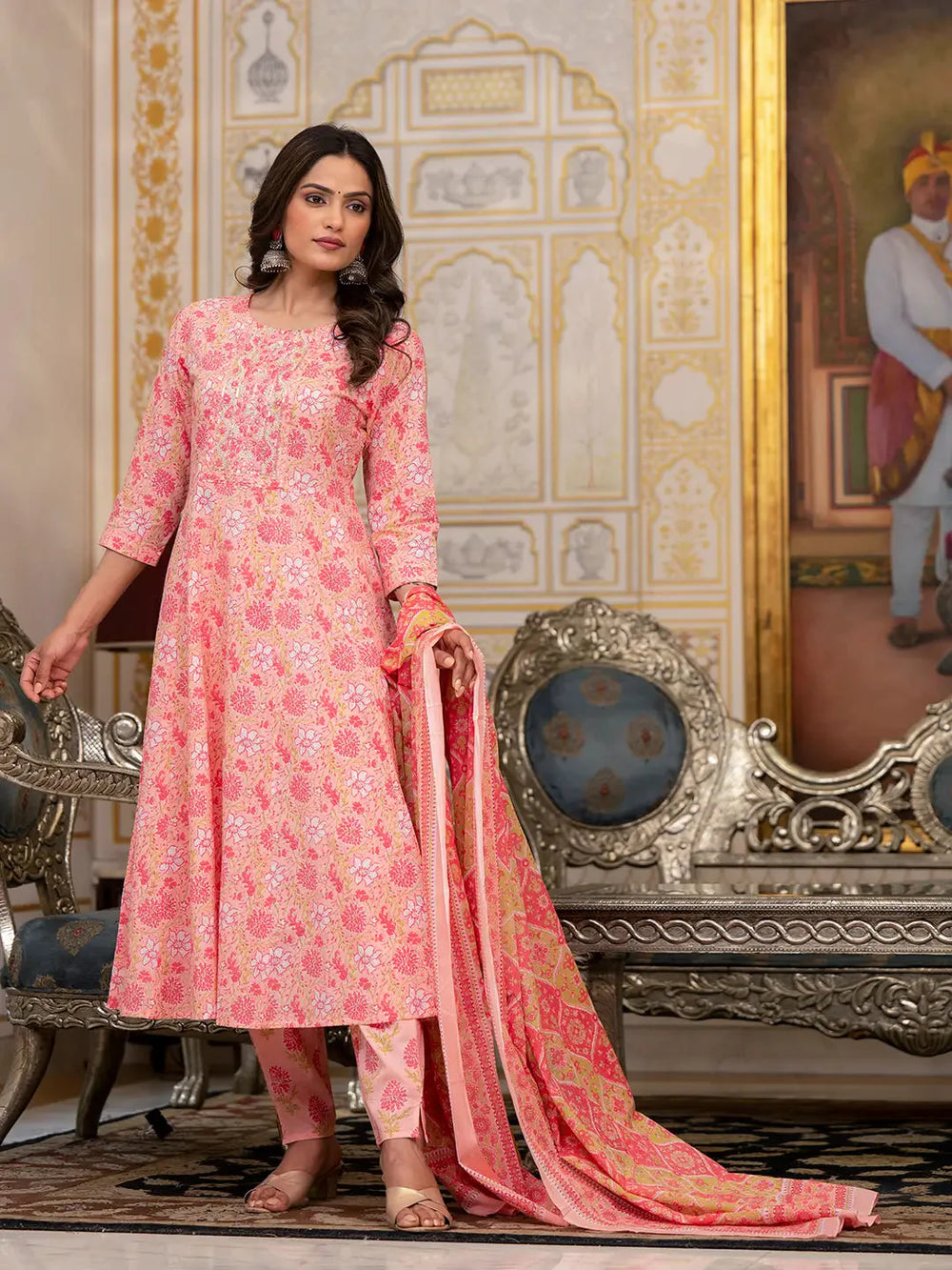 Peach-Cotton-Floral-Print-Anarkali-Set