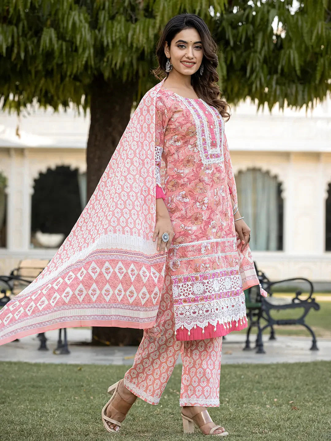 Peach-Cotton-Floral-Print-Straight-3-Piece-Kurta-Set