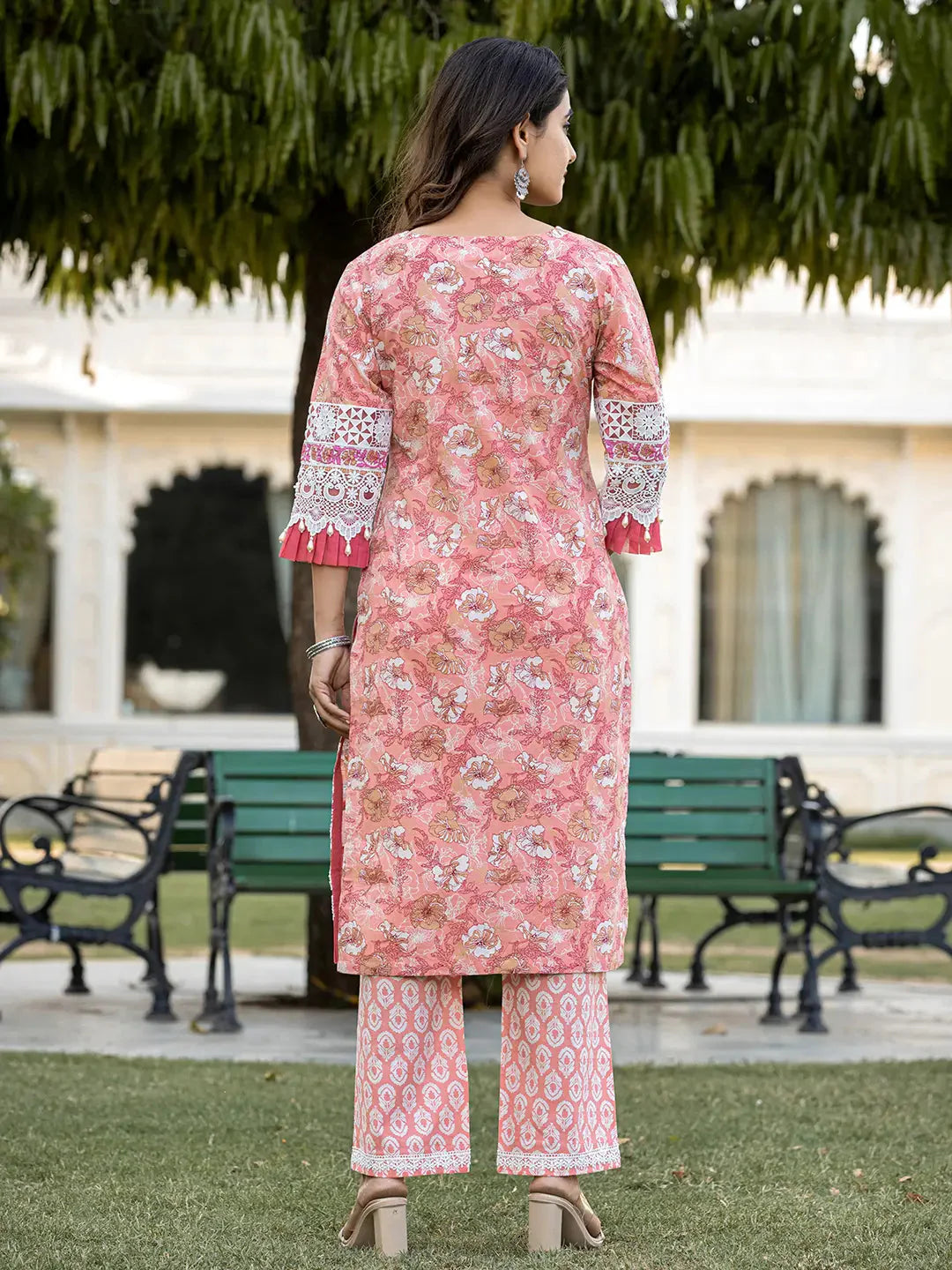 Peach-Cotton-Floral-Print-Straight-3-Piece-Kurta-Set