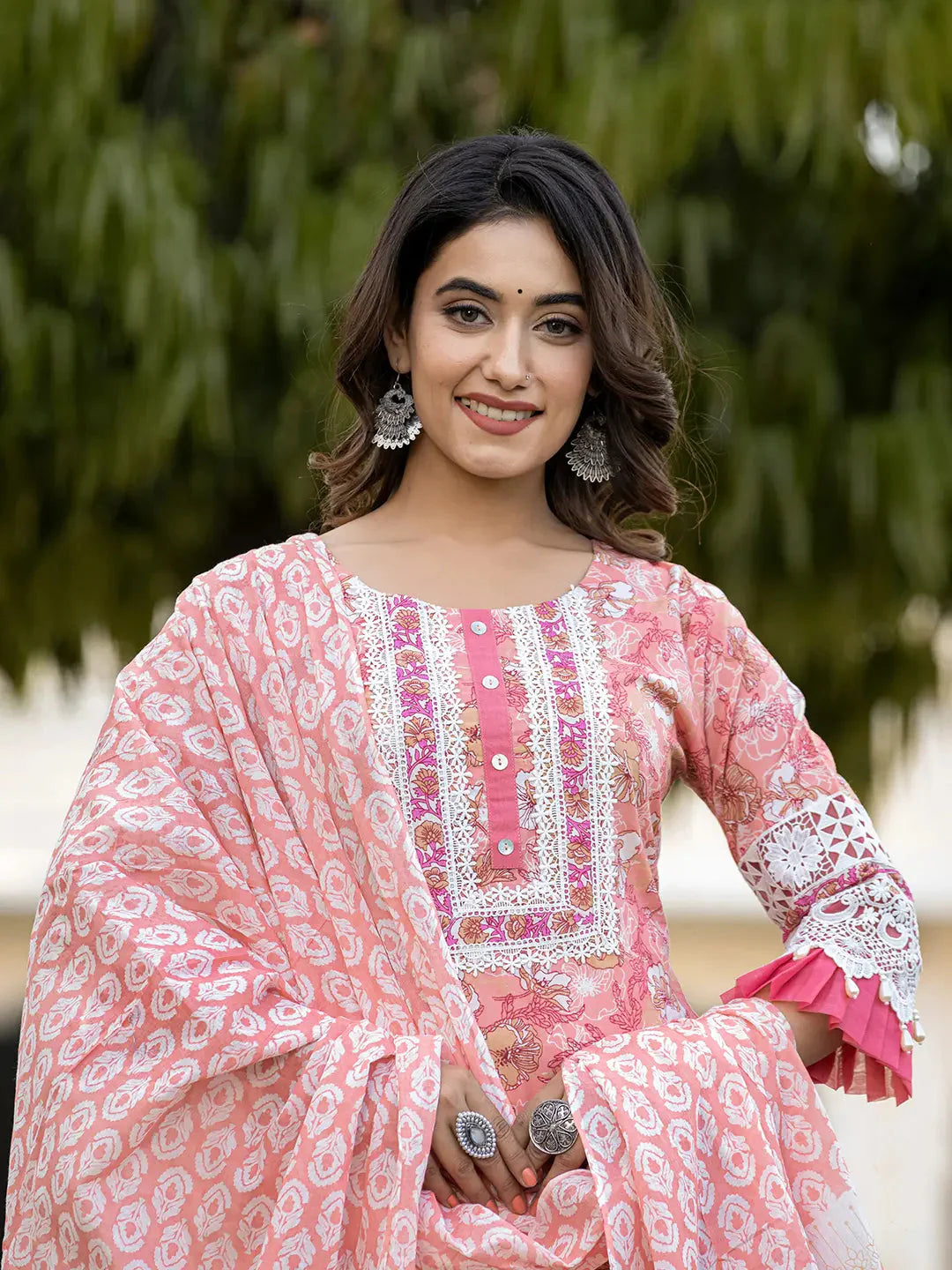 Peach-Cotton-Floral-Print-Straight-3-Piece-Kurta-Set