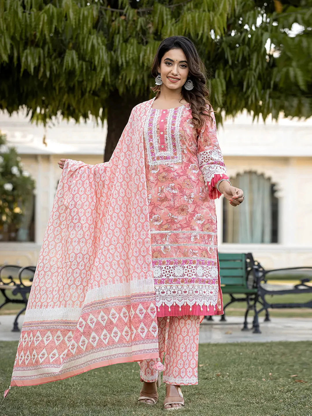 Peach-Cotton-Floral-Print-Straight-3-Piece-Kurta-Set