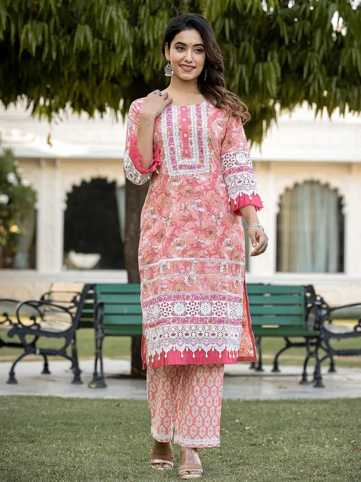 Peach-Cotton-Floral-Print-Straight-3-Piece-Kurta-Set