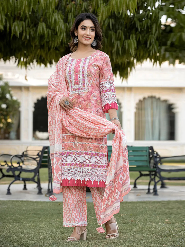 Peach-Cotton-Floral-Print-Straight-3-Piece-Kurta-Set