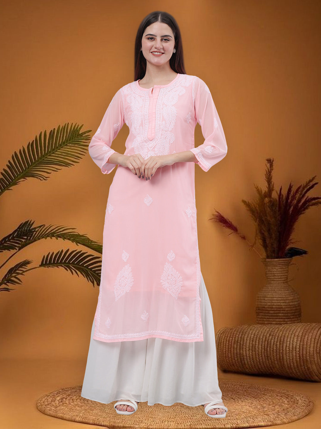 Peach-Georgette-Embroidered-Chikankari-Kurti-With-Slip