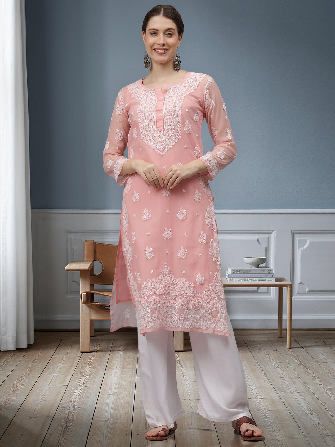 Peach-Georgette-Embroidered-Chikankari-Kurti-With-Slip