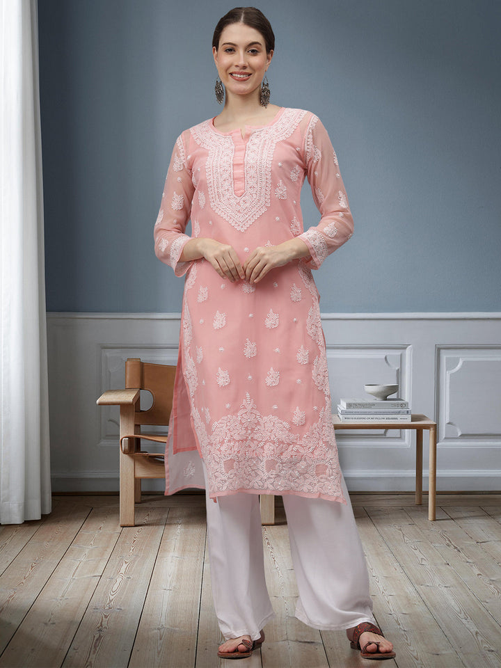 Peach-Georgette-Embroidered-Chikankari-Kurti-With-Slip