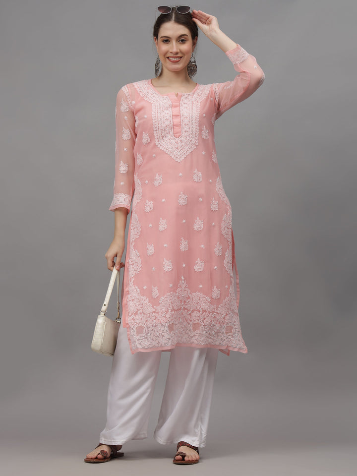 Peach-Georgette-Embroidered-Chikankari-Kurti-With-Slip