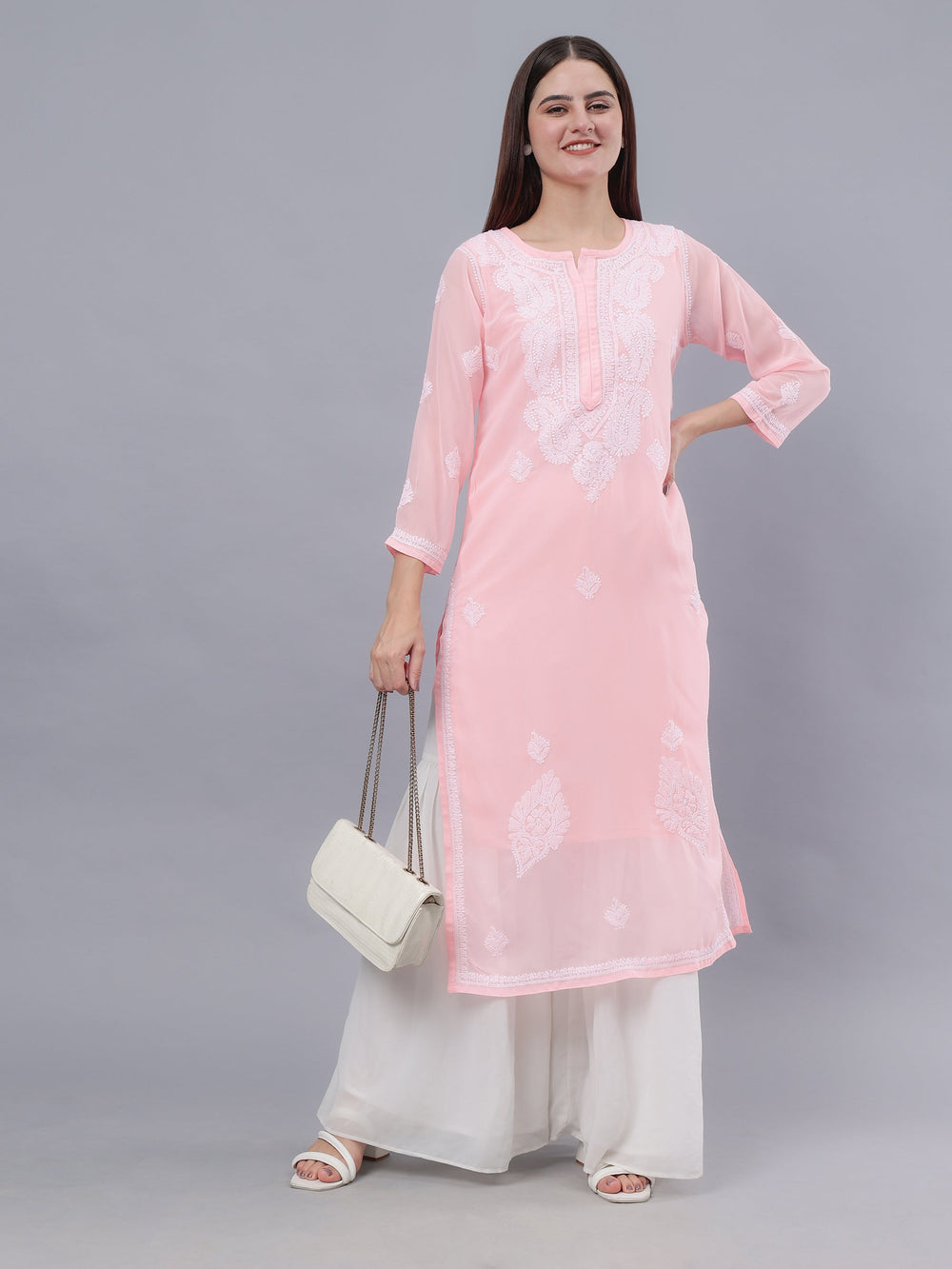 Peach-Georgette-Embroidered-Chikankari-Kurti-With-Slip