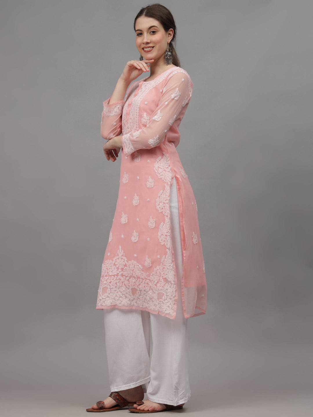 Peach-Georgette-Embroidered-Chikankari-Kurti-With-Slip