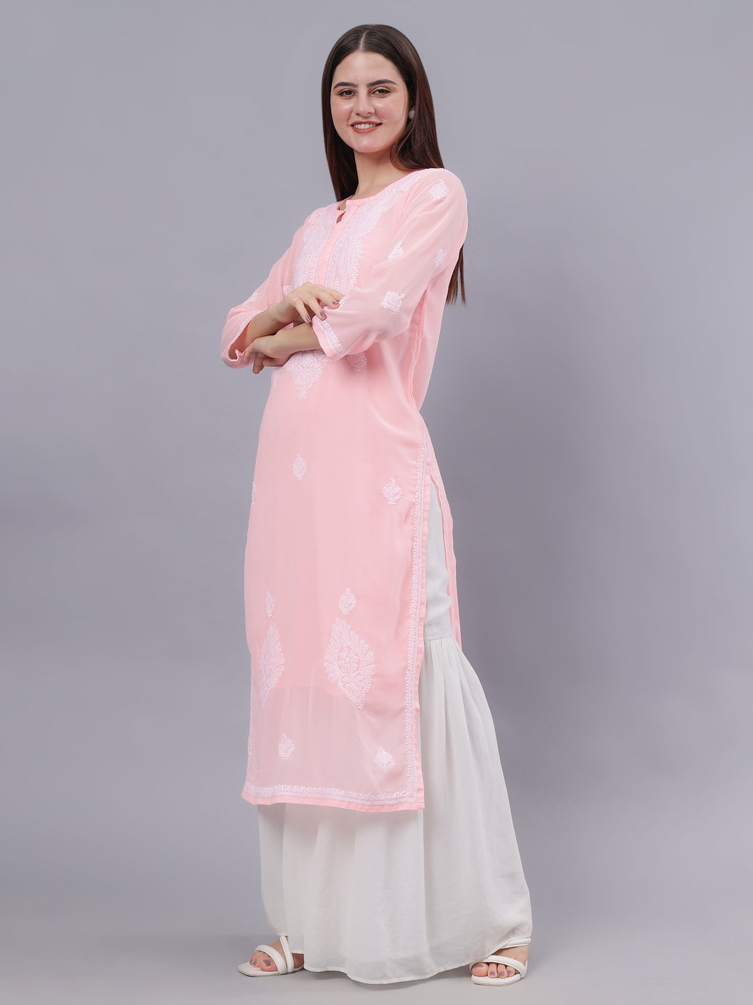 Peach-Georgette-Embroidered-Chikankari-Kurti-With-Slip