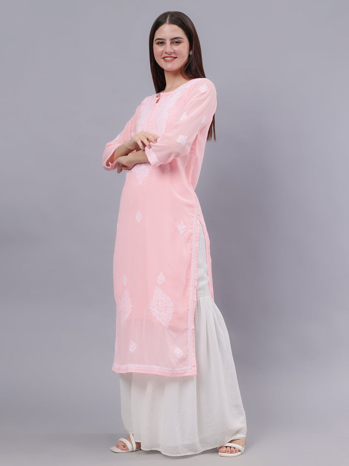 Peach-Georgette-Embroidered-Chikankari-Kurti-With-Slip