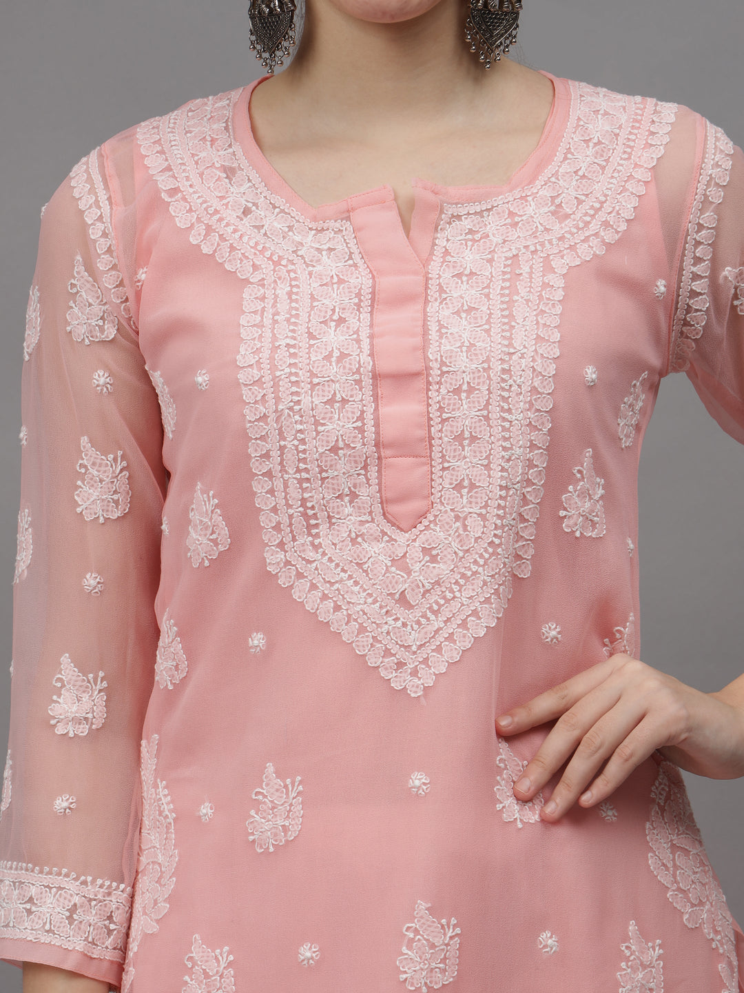 Peach-Georgette-Embroidered-Chikankari-Kurti-With-Slip