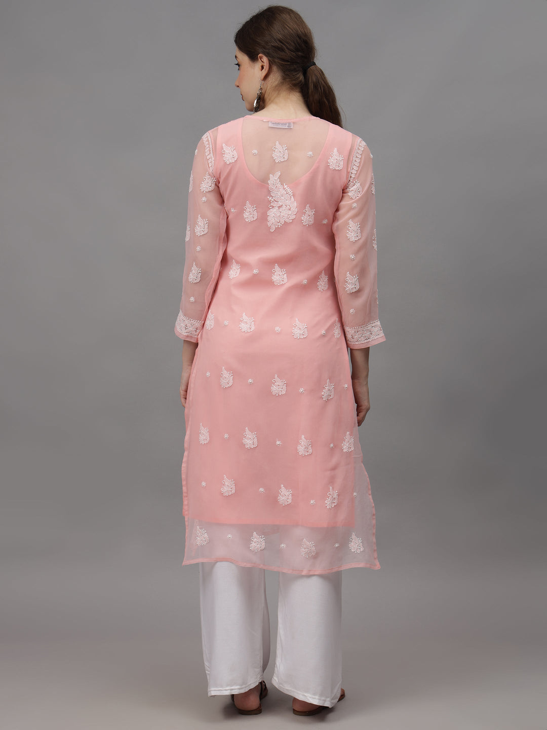 Peach-Georgette-Embroidered-Chikankari-Kurti-With-Slip