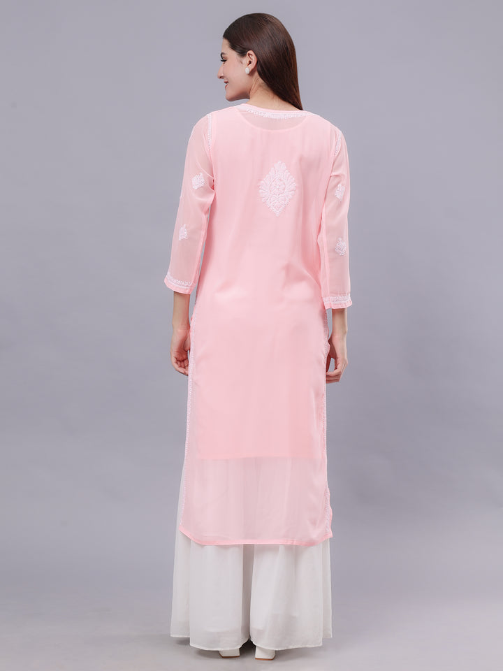 Peach Georgette Embroidered Chikankari Kurti With Slip