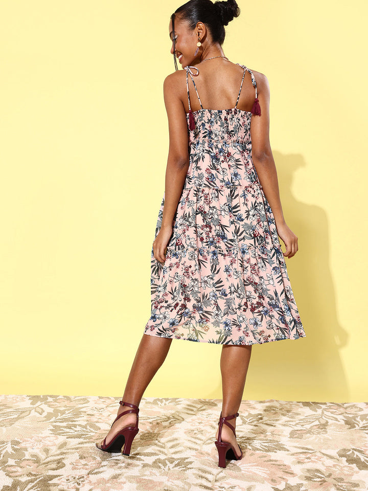 Peach-Georgette-Floral-Tier-Midi-Dress-with-String-Tie-Ups
