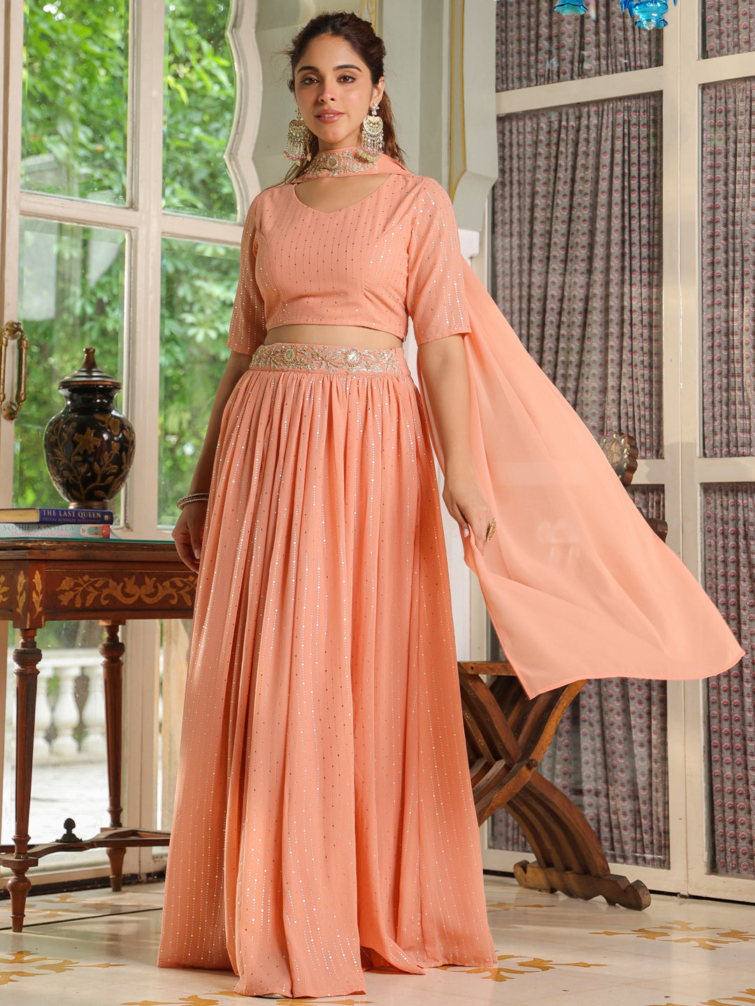 ZERESOUQ-Peach-Georgette-Foil-Print-Lehenga-Set