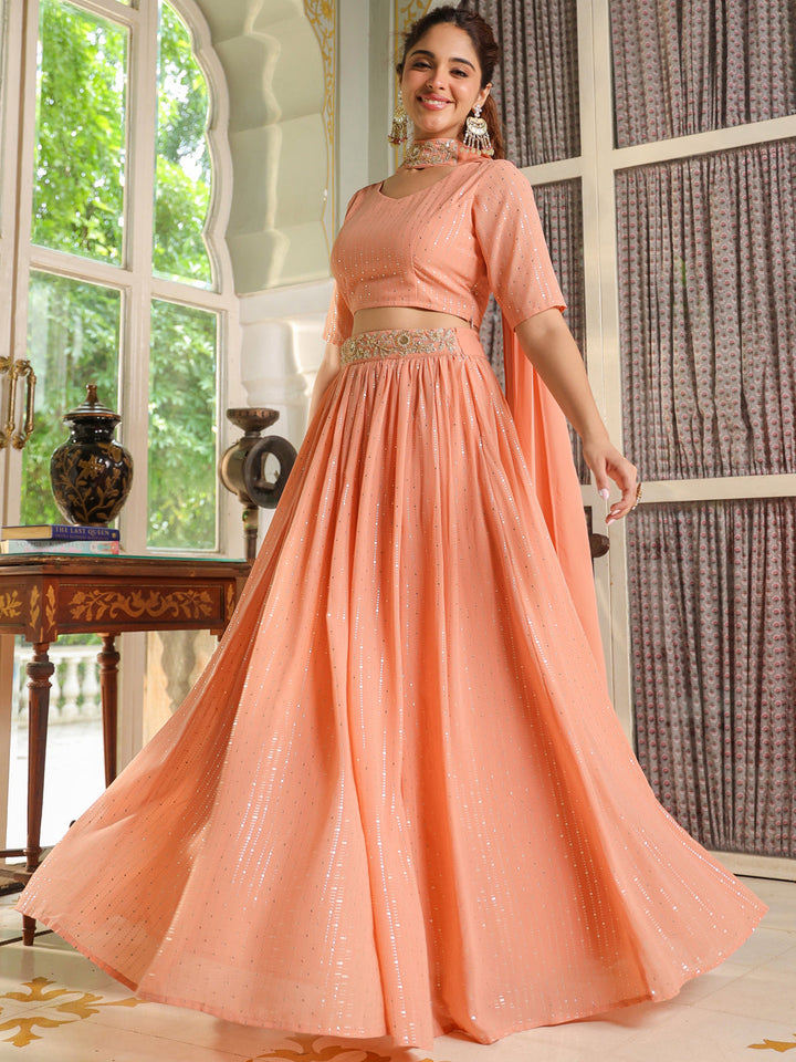 Peach-Georgette-Foil-Print-Lehenga-Set