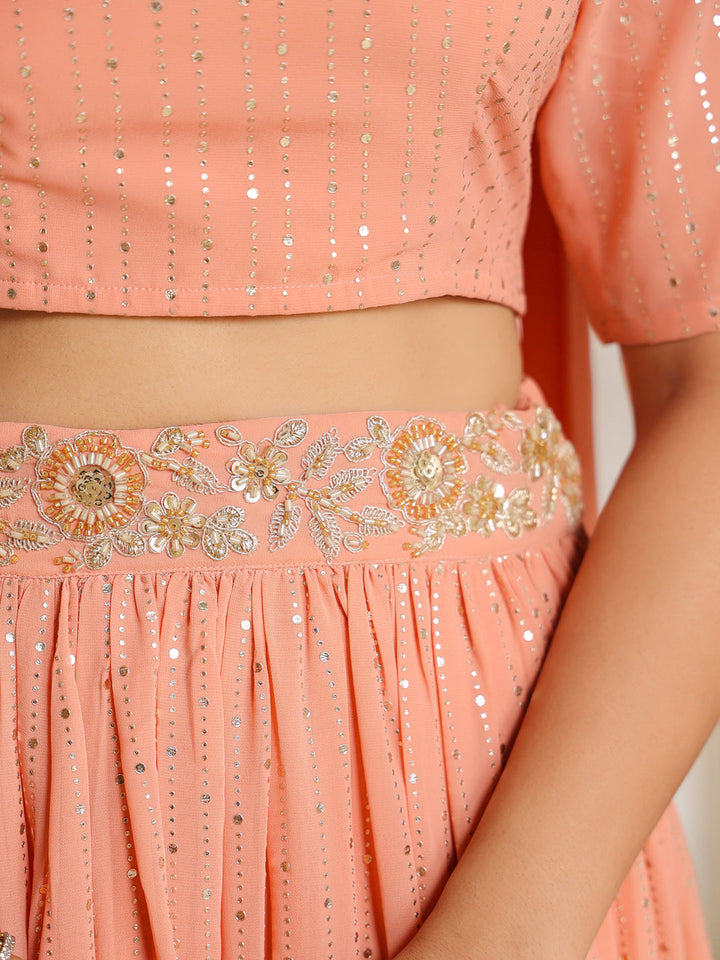 Peach-Georgette-Foil-Print-Lehenga-Set