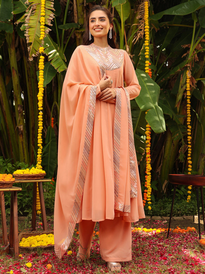 Peach-Georgette-Sequined-3-Piece-Kurta-Set