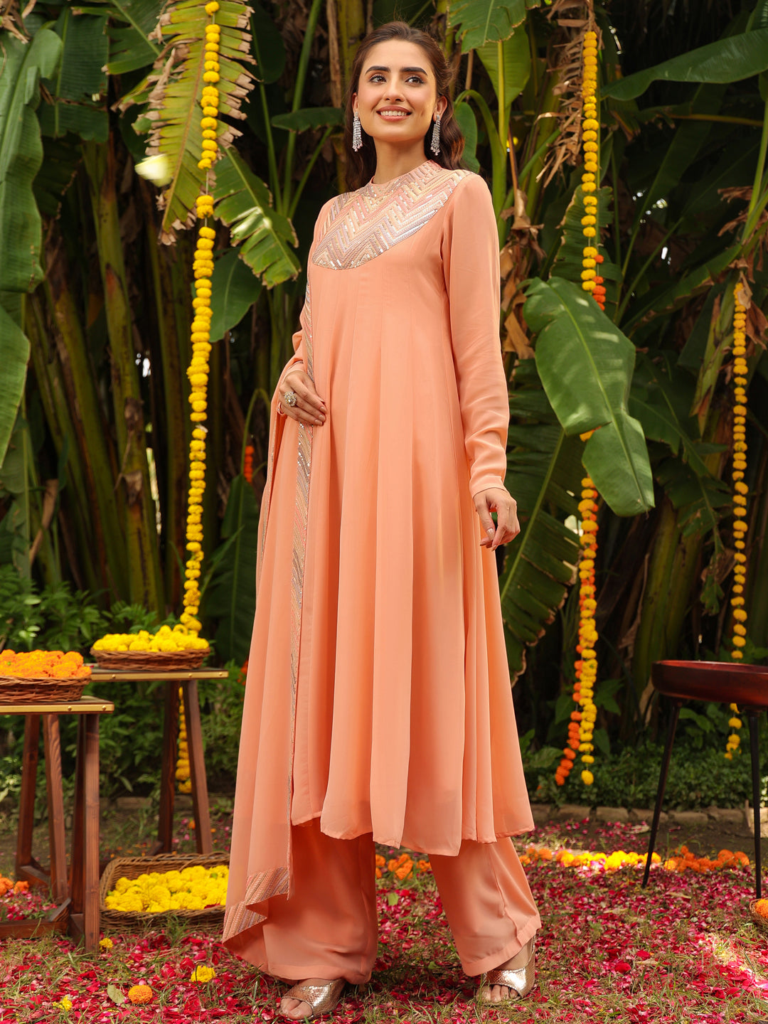 Peach-Georgette-Sequined-3-Piece-Kurta-Set