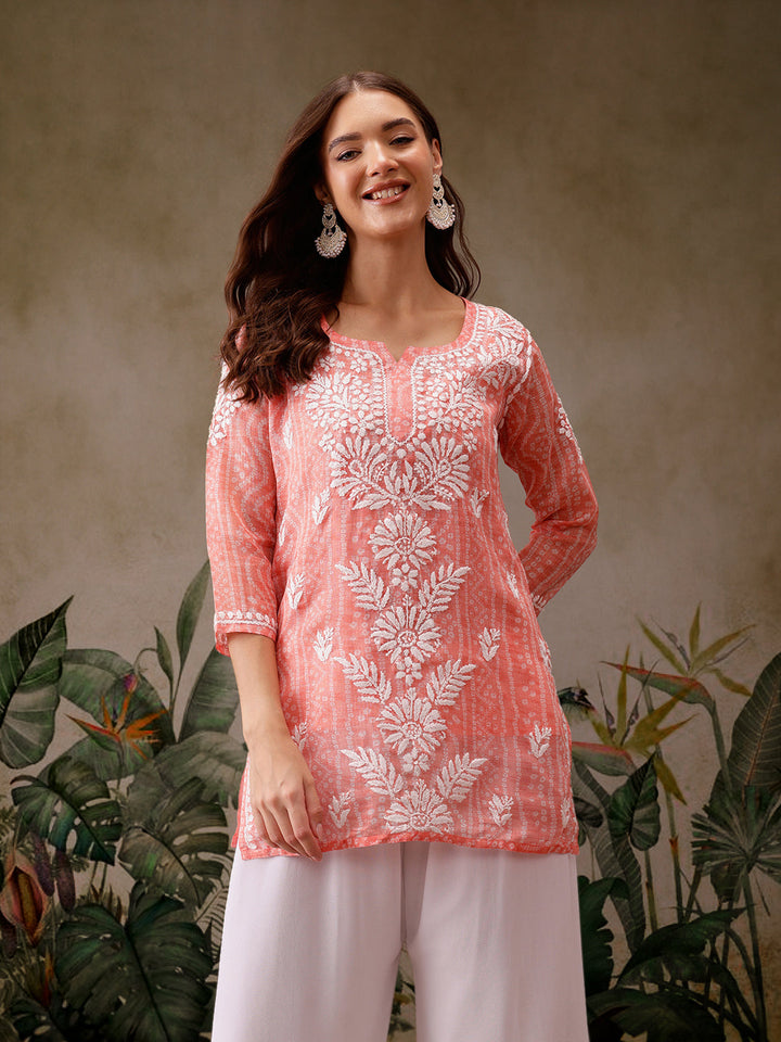 Peach Kota Lucknowi Chikankari Tunic With Inner Slip