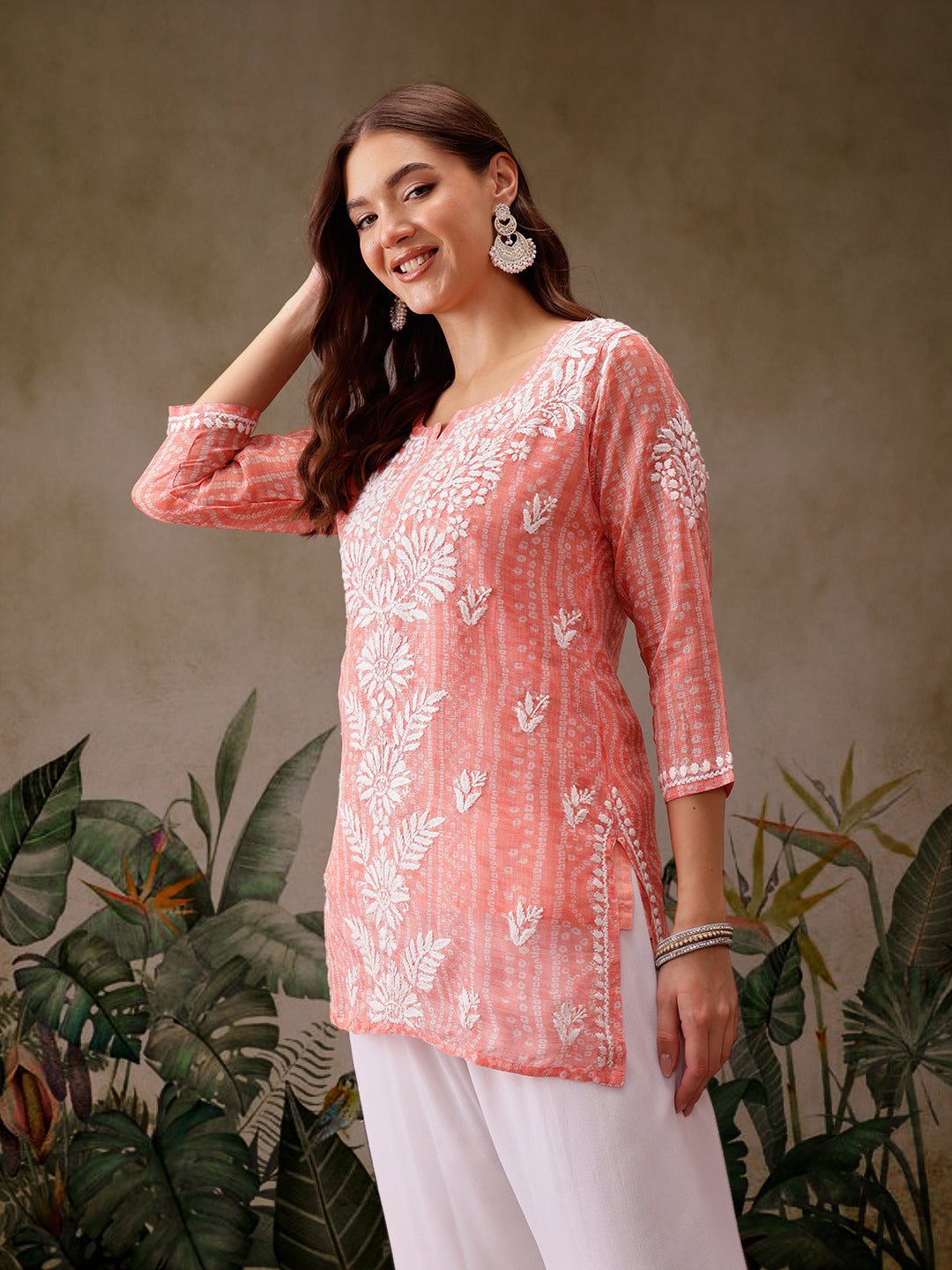 Peach Kota Lucknowi Chikankari Tunic With Inner Slip