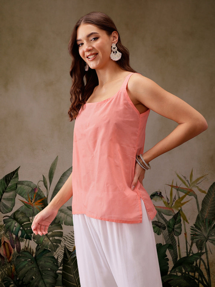 Peach Kota Lucknowi Chikankari Tunic With Inner Slip