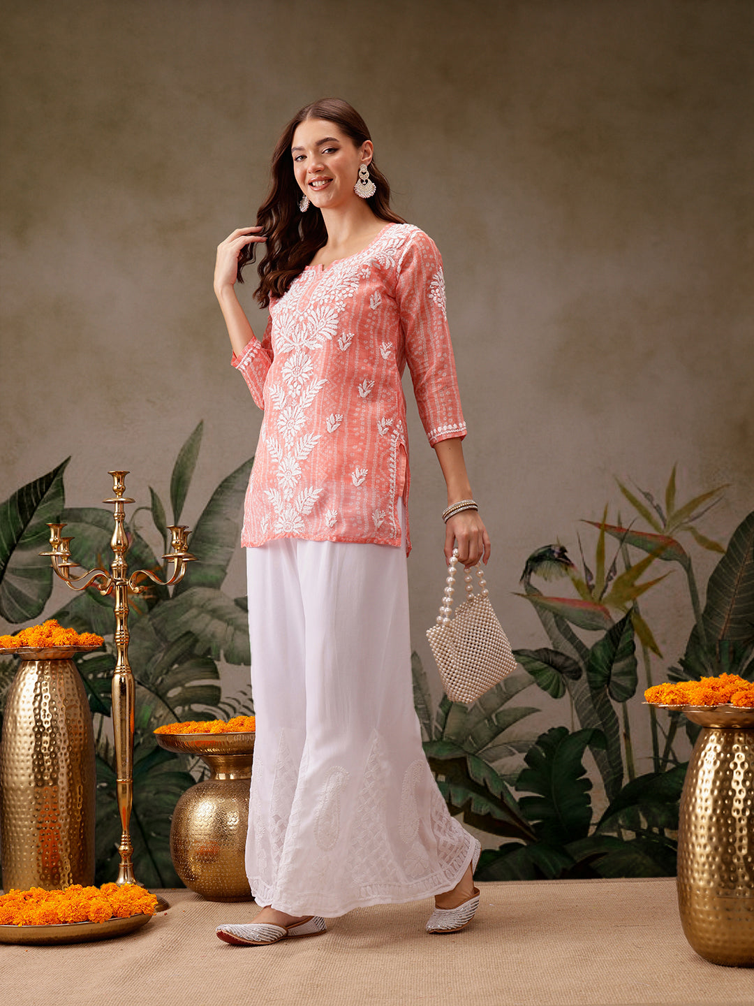 Peach Kota Lucknowi Chikankari Tunic With Inner Slip