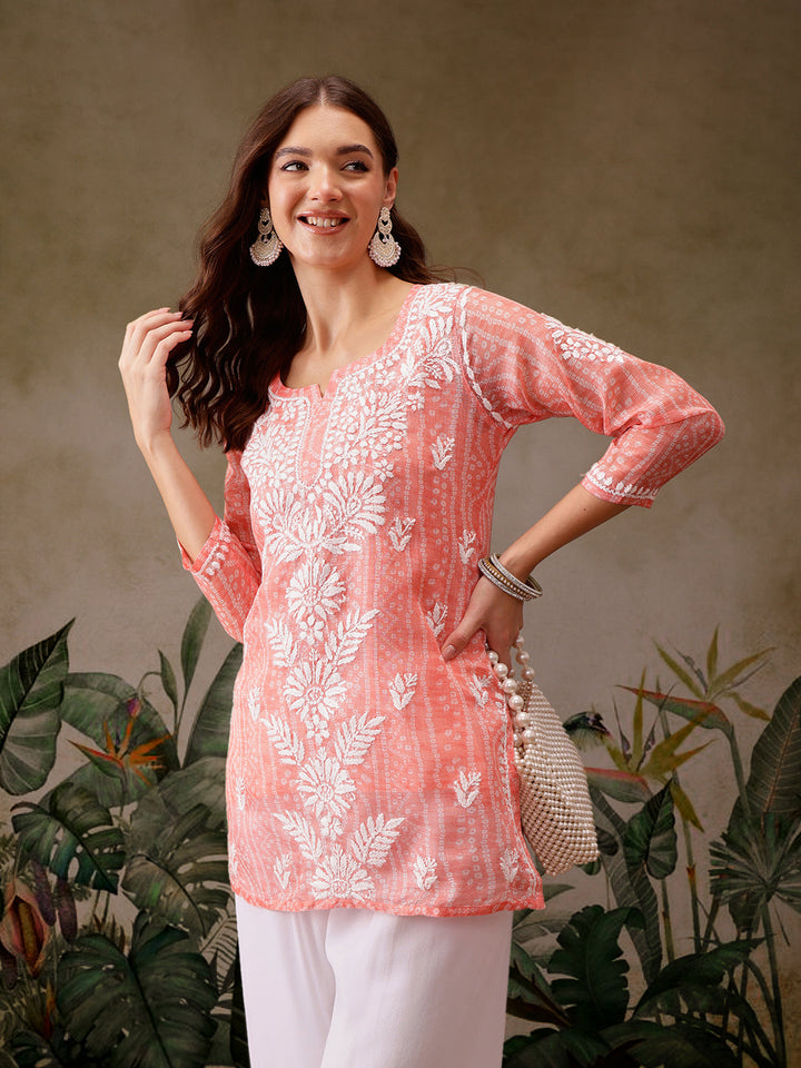 Peach Kota Lucknowi Chikankari Tunic With Inner Slip